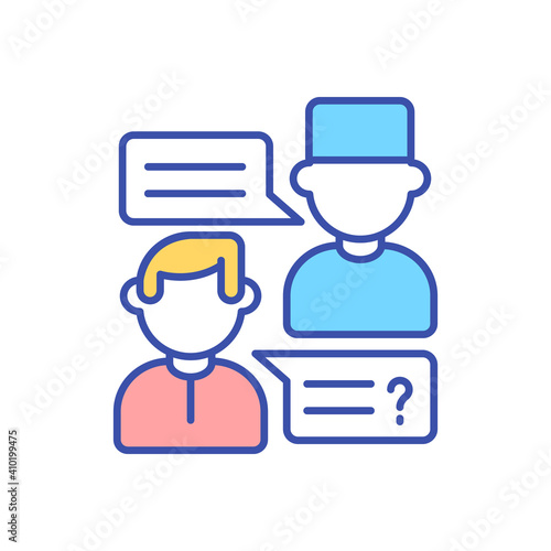 GP doctor consultation with patient RGB color icon. Communication with hospital professional. Chat with physician, surgeon. Medical care. Healthcare treatment advice. Isolated vector illustration