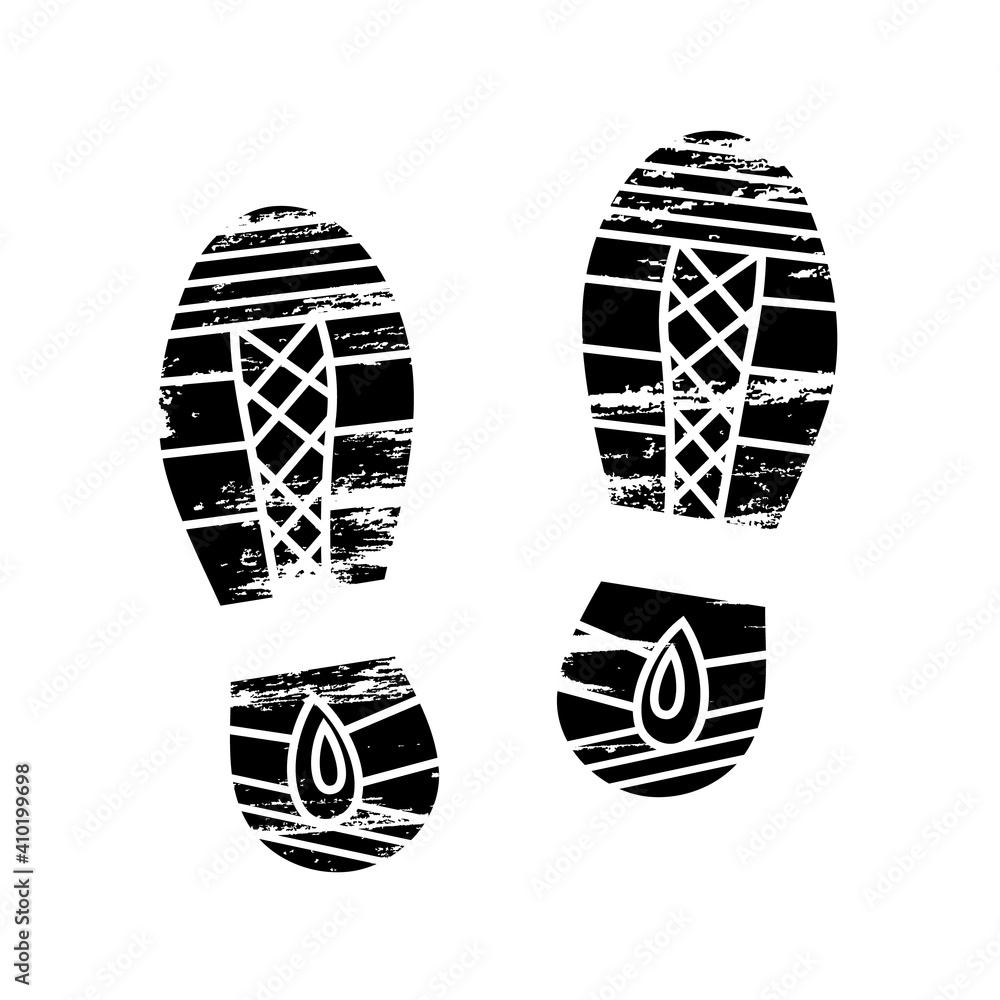 Footprints and shoeprints icon in black and white showing bare feet and the imprint of the soles with patterns of male and female footwear. Shoes boots imprint Footprints and shoeprints icon in black and white showing bare feet and the imprint of the soles with patterns of male and female footwear. Shoes boots imprint