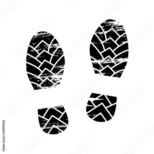 Footprints and shoeprints icon in black and white showing bare feet and the imprint of the soles with patterns of male and female footwear. Shoes boots imprint