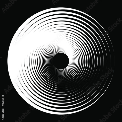 Abstract white rotated vortex shape. Vector illustration. Design element for logo, sign, symbol, blackout tattoo, web pages, prints, posters, template, monochrome pattern and abstract background