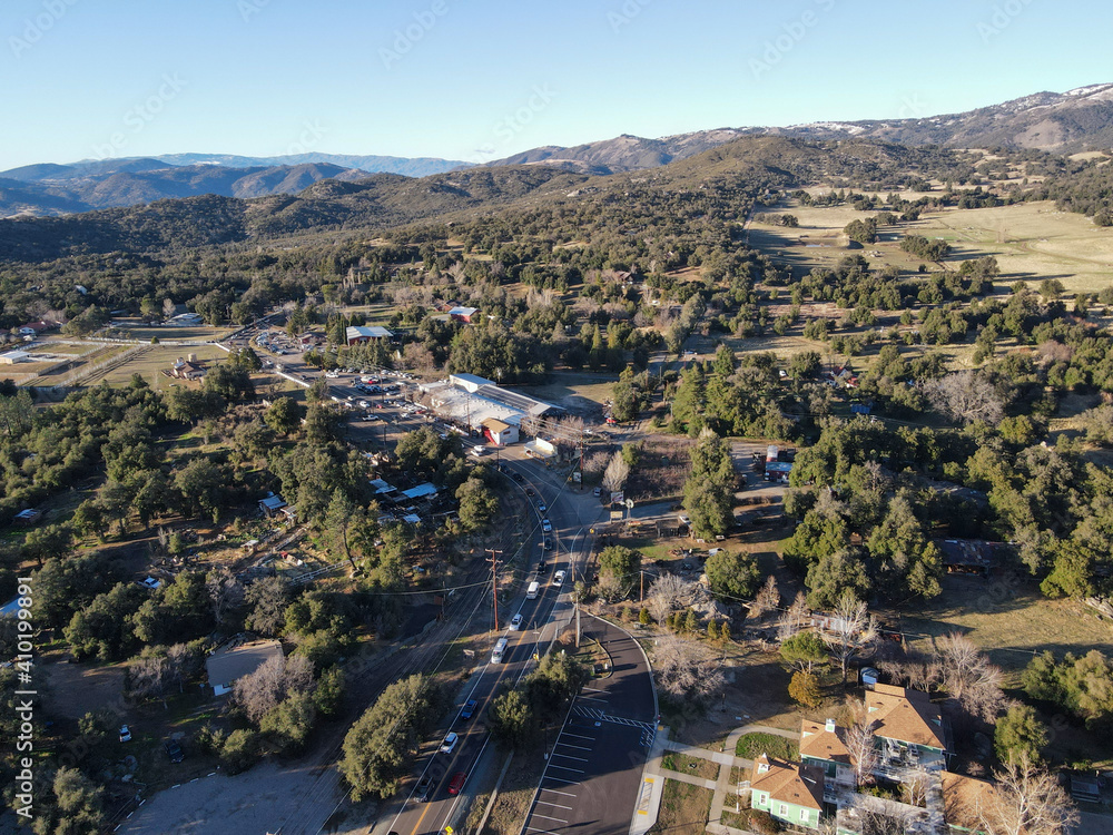 Aerial view of valley with small town Julian, San Diego County, California, in the United States