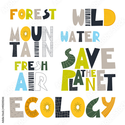 A set of phrases and slogans about an ecological lifestyle. Vector illustration.