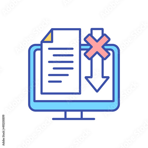 Lack of integration RGB color icon. Error downloading document. Computer monitor. Digital service complication. Online connection issue. Internet problem. Isolated vector illustration