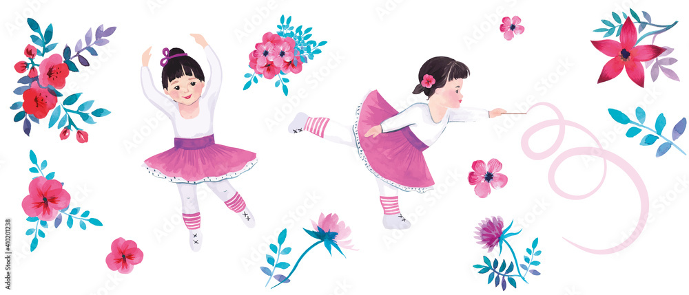 dancing girls, ballet, gymnastics, watercolor, a set of drawings for design,flowers, vector, cut from the background, for design
