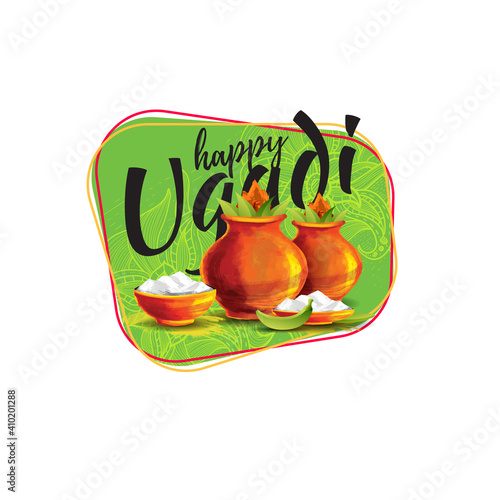 Ugadi vector festive illustration. Hindu New Year celebration for Marathas and Konkani Gudi Padwa. design graphics for posters, posters, flyers, offers, booklets, cards. another name Ugadi or Yugadi