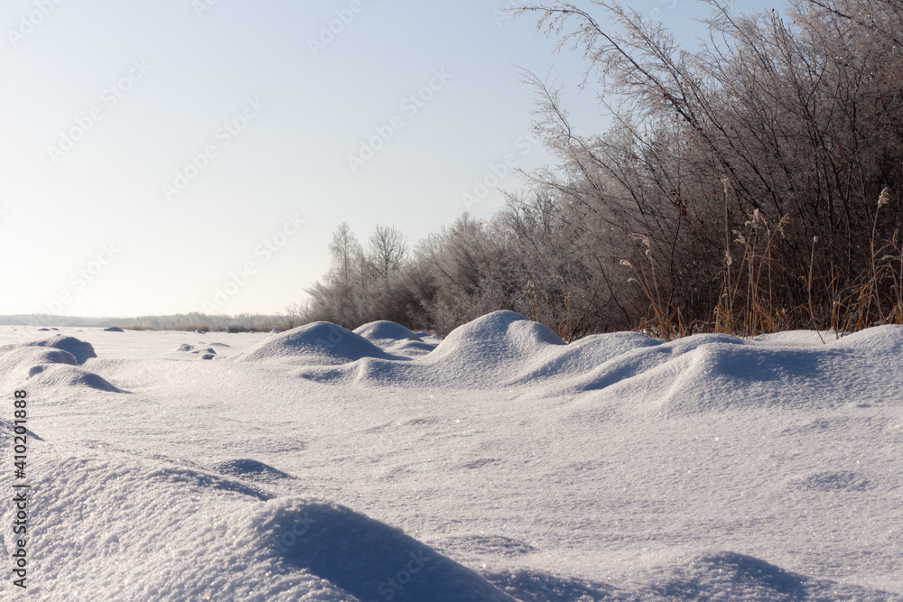 Frost covered trees at shoreline of frozen snow covered lake in morning sun Frost covered trees at shoreline of frozen snow covered lake in morning sun