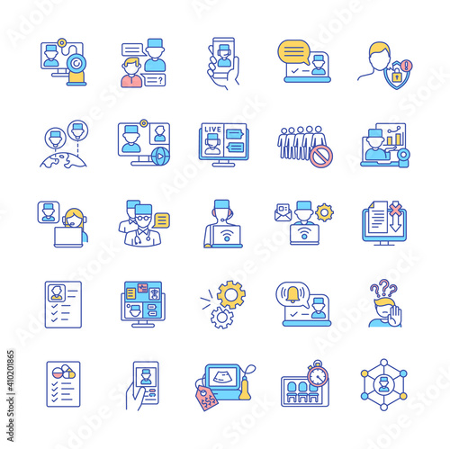 Telemedicine RGB color icons set. Telehealth service. Online communication with hospital doctor. Internet consultation for health diagnostic. Medical care for patients. Isolated vector illustrations