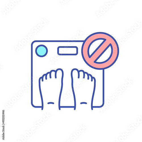 Stop weighing yourself RGB color icon. Self care tips. Eating disorder. Motivation to exercise, lose weight. Stop body shaming, promote body positivity. Person on scales. Isolated vector illustration