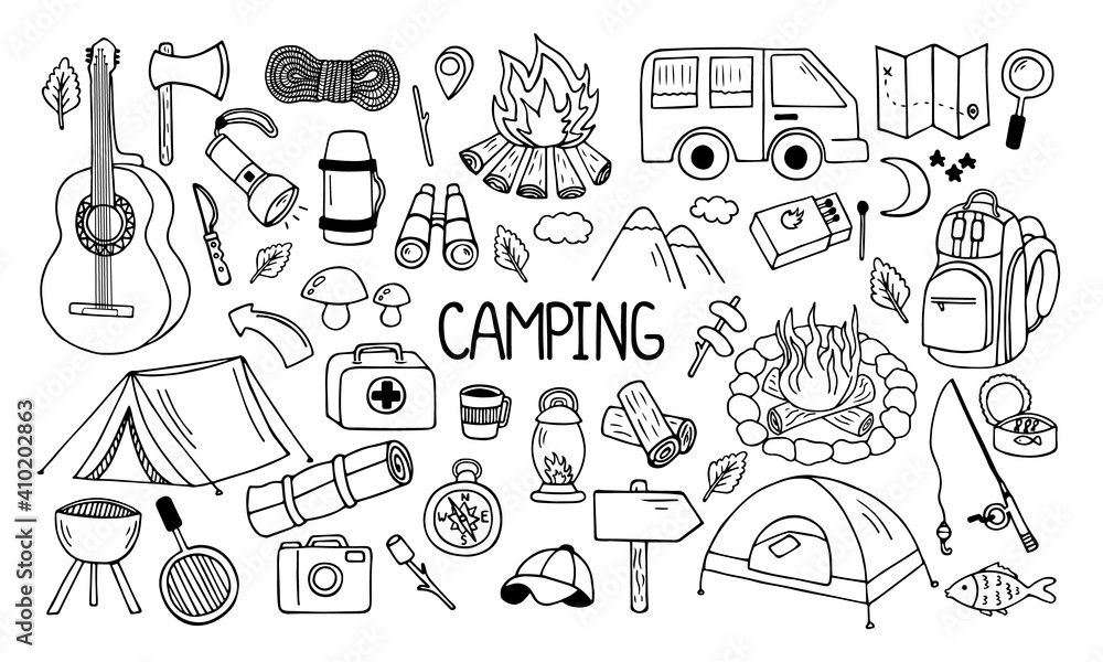 Set of camping and hiking elements in doodle style. Picnic, travel accessories and equipment. Hand drawn vector illustration isolated on white background. Set of camping and hiking elements in doodle style. Picnic, travel accessories and equipment. Hand drawn vector illustration isolated on white background.