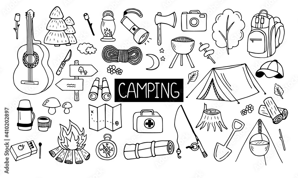 Set of camping and hiking elements in doodle style. Picnic, travel accessories and equipment. Hand drawn vector illustration isolated on white background. Set of camping and hiking elements in doodle style. Picnic, travel accessories and equipment. Hand drawn vector illustration isolated on white background.