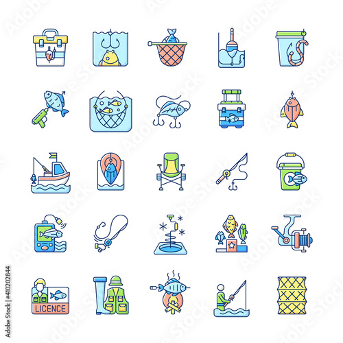 Fishing equipment RGB color icons set. Fishing lounger chair. cooking freshly caught fish. Hobby and leisure acticity. Fish finder, Fishing tournament. Isolated vector illustrations