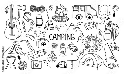 Set of camping and hiking elements in doodle style. Picnic, travel accessories and equipment. Hand drawn vector illustration isolated on white background.