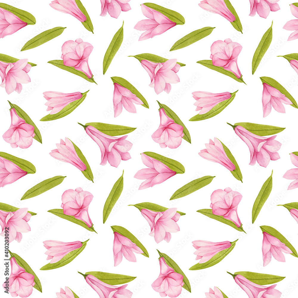 Seamless pattern with watercolor exotic pink flowers and leaves on white background