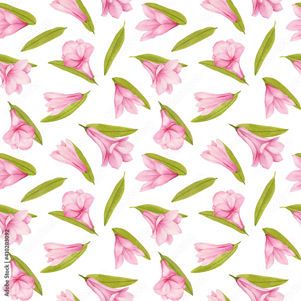 Seamless pattern with watercolor exotic pink flowers and leaves on white background Seamless pattern with watercolor exotic pink flowers and leaves on white background