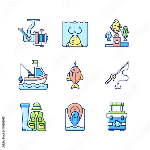 Equipment for fishing RGB color icons set. Boat fishing. Spinning casting. Fishing rod and reel. Hobby and leisure acticity. Fish on hook. Fishing spot. Isolated vector illustrations photo