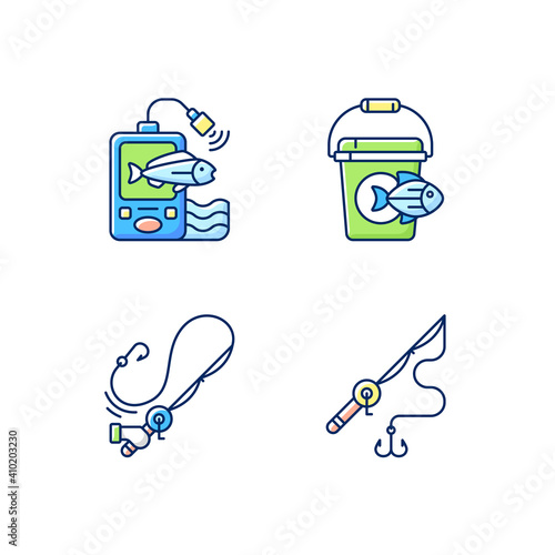 Tools for fishing RGB color icons set. Special fishers equipment. Equipment for fishery. Hobby and leasure activity. Casting spinning. Rod with hooks. Isolated vector illustrations