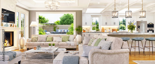 Obraz na plátně Luxurious interior design of a large living room and white kitchen with patio do