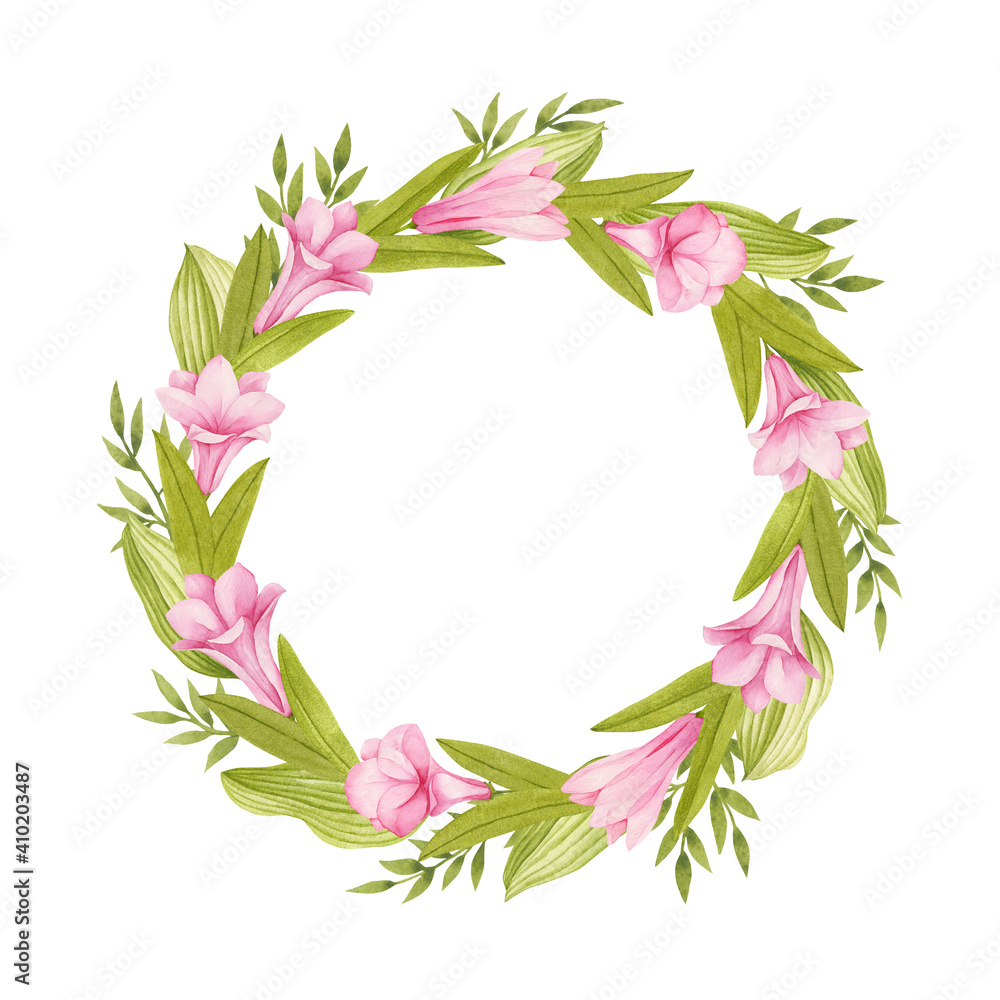 Watercolor wreath with exotic leaves and pink flowers on white background