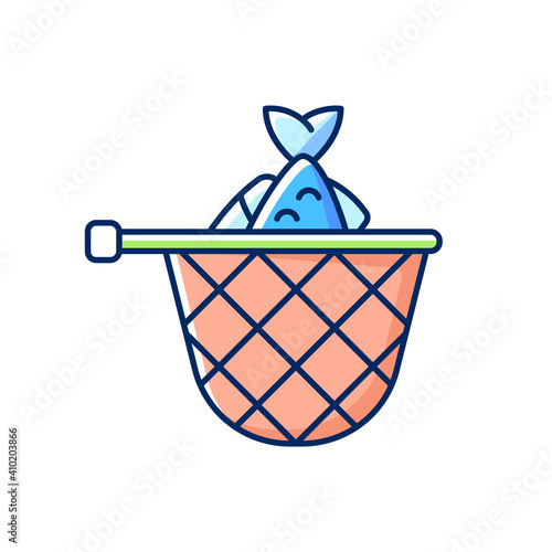 Landing net RGB color icon. Special fishing equipment. Hobby and leisure activity. Seafood. Fish in landing net. Fishing contest. Fisherman catch fish. Isolated vector illustration
