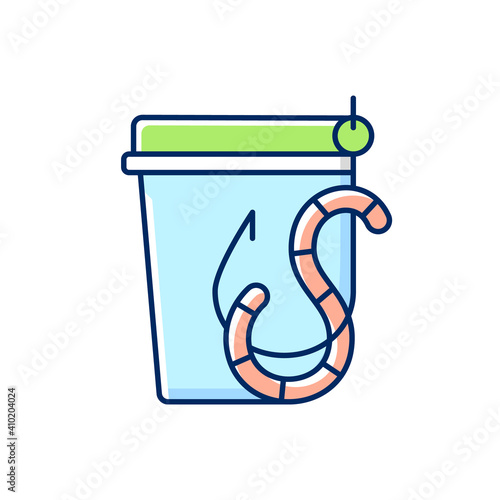 Live bait RGB color icon. Worm on hook. Fishing equipment. Basic fishing baits. Tool.Hobby and leisure activity. Fishing tournament. Fishing beginners kit. Isolated vector illustration