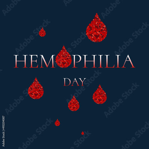 World Hemophilia Day. Vector illustration of blood drops made of dots on blue background. Blood drop symbol. Hemophilia sign. Hemophilia awareness symbol. Stop hemophilia.