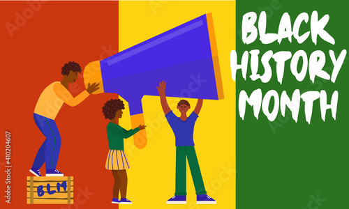 African American History or Black History Month. Celebrated in February in the USA and Canada. Young people hold megafon together. social problems of racism. Right of Black people. Flat illustration