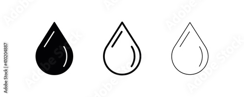 The falling water drop icon drawn in 3 different thicknesses. Glowing water with water drop. flat art modern vector illustration.