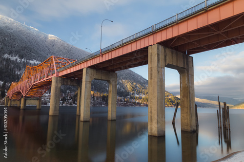 A beautiful wintery view of the Big Orange Bridge in Nelson, B.C., Canada on a sunny winter day.