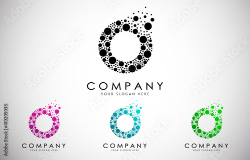 O Letter Logo set with Dispersion Effect and Dots, Bubbles, Circles. O Dotted letter in black, purple, blue and green gradient vector illustration.