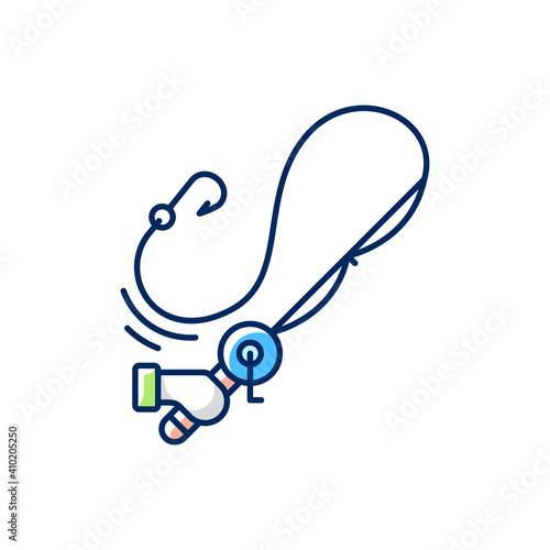 Casting the rod RGB color icon. Carbon matherial. Fishing tournament. Hobby and leisure activity. Ocean fishing, spinnerbait. Throwing spinning machinery. Isolated vector illustration