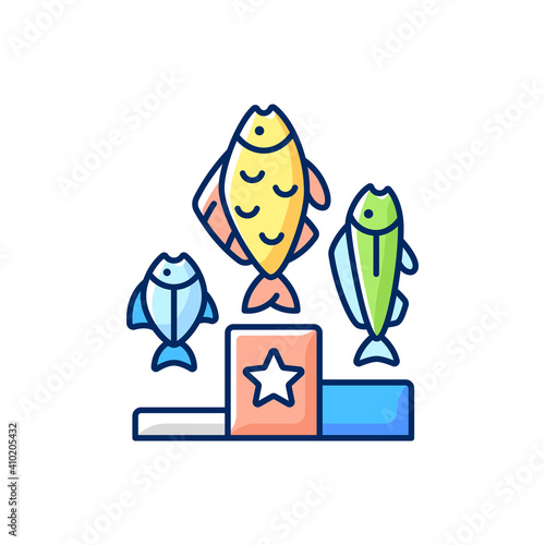 Fishing tournament RGB color icon. Sport competition. Fishers contest. Pedestal with fish. Fishing tools. Hobby and leisure activity. Trophy fishing. Spinning. Isolated vector illustration