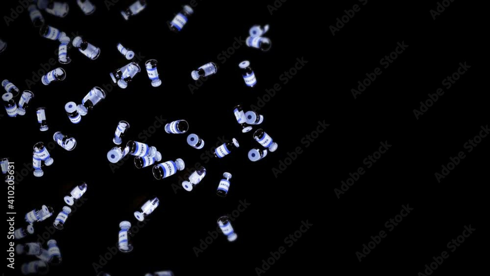 Flying many vaccine bottles on black background. Medical concept. Virus cure. Transparent liquid. 3D loop animation of vaccines. Flying many vaccine bottles on black background. Medical concept. Virus cure. Transparent liquid. 3D loop animation of vaccines.