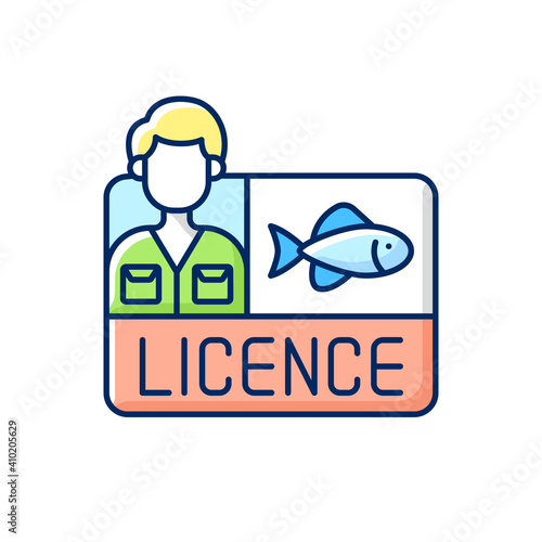Fishing licence RGB color icon. Permission to catch fish. Ecological legislation. Hobby and leisure activity. Fishing tools. Nature saving strategy. Fishing contest. Isolated vector illustration