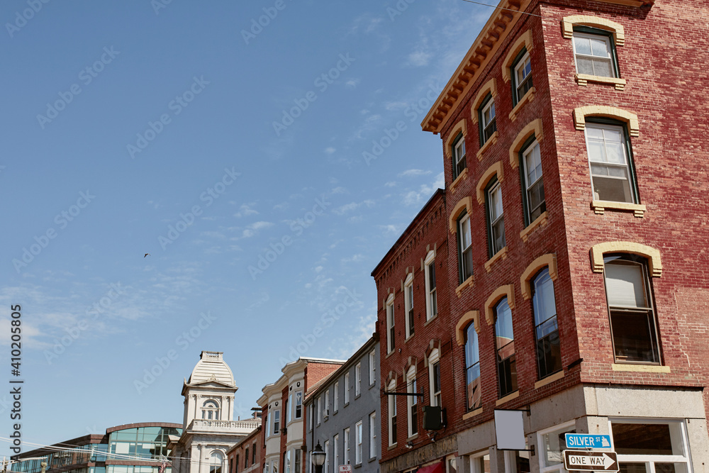 Commercial stores and restaurants in historic Old Port district of Portland, Maine. Maine, USA