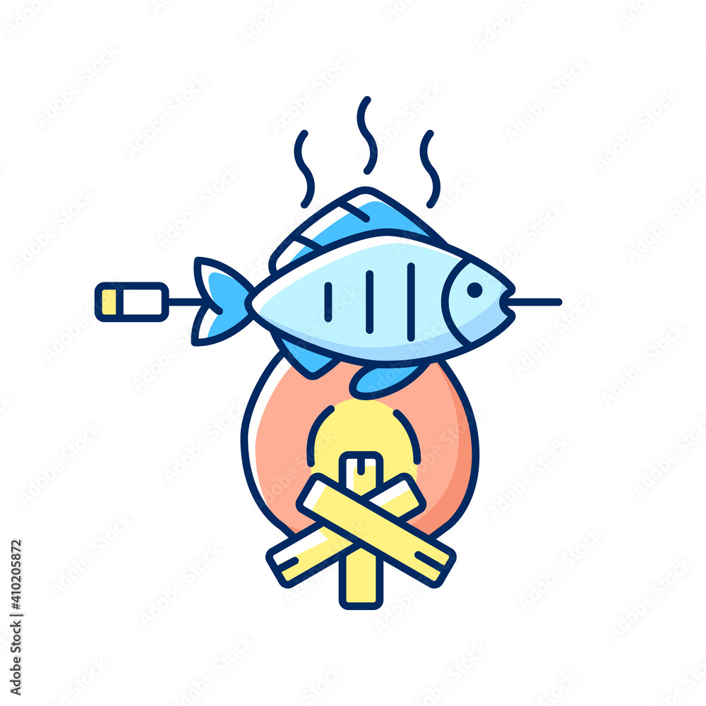 Cooking freshly caught fish RGB color icon. Fresh sea food idea. Hobby and leisure activity. Hobby and leasure activities. Making a fire. Outdoor cooking. Isolated vector illustration