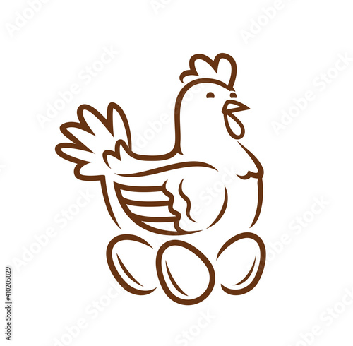 Hen laying eggs in nest. Chicken logo or symbol vector