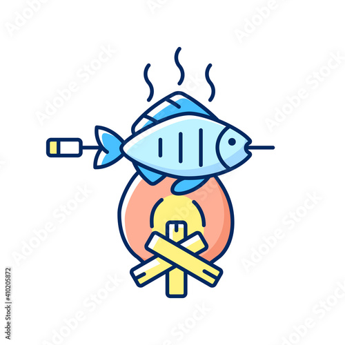 Cooking freshly caught fish RGB color icon. Fresh sea food idea. Hobby and leisure activity. Hobby and leasure activities. Making a fire. Outdoor cooking. Isolated vector illustration