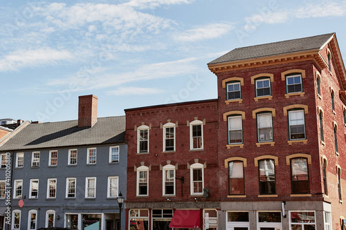 Commercial stores and restaurants in historic Old Port district of Portland, Maine. Maine, USA