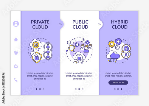 Software as service deployment types onboarding vector template. Private, community, hybrid clouds. Responsive mobile website with icons. Webpage walkthrough step screens. RGB color concept