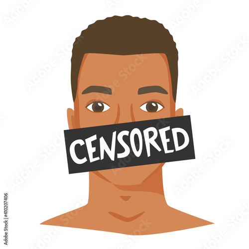 Black man problems censored, speaking is censored, unspoken issue, toxic masculinity problem, man suffer from patriarchal system rules. Gender or race based inequality. Discrimination issue. Vector