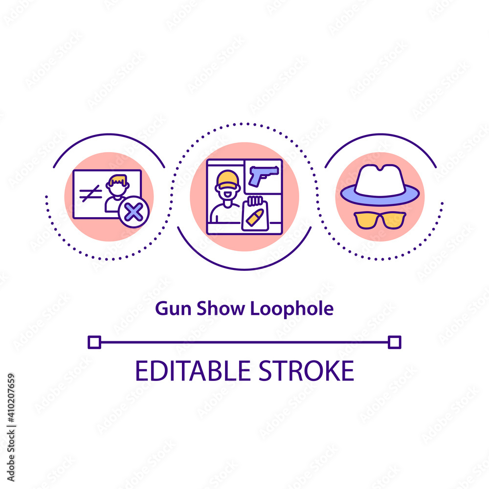 Gun show loophole concept icon. Illegal pistol and firearms shop idea thin line illustration. Not licensed dealers at arms shows. Vector isolated outline RGB color drawing. Editable stroke Gun show loophole concept icon. Illegal pistol and firearms shop idea thin line illustration. Not licensed dealers at arms shows. Vector isolated outline RGB color drawing. Editable stroke