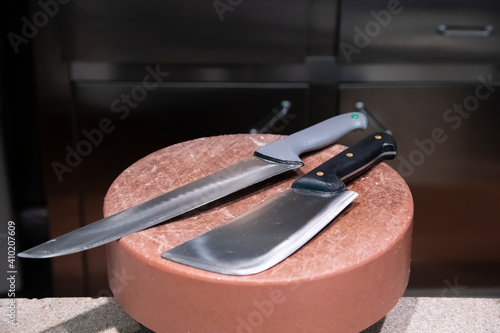 Butcher knives on the cutting board.