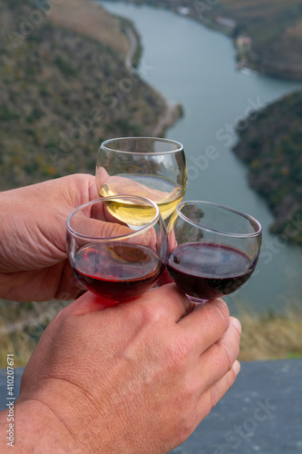 Tasting of Portuguese fortified port wine, produced in Douro Valley with Douro river and colorful terraced vineyards on background in autumn, Portugal