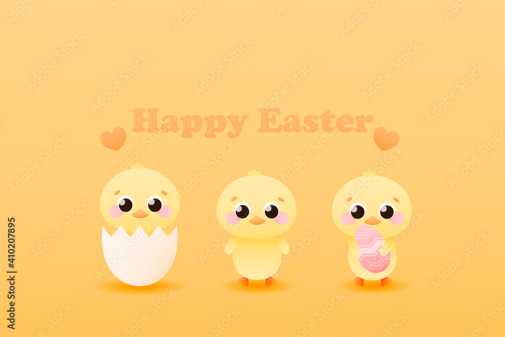 Happy easter banner with cute animal characters - chiks in shell and holding gaint painted egg, childish greeting card on yellow background in cartoon style Happy easter banner with cute animal characters - chiks in shell and holding gaint painted egg, childish greeting card on yellow background in cartoon style