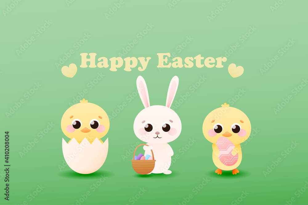 Web banner for easter holidays with cute childish characters, little buny with basket with easter eggs, chiks in shell in cartoon style on green background.. Web banner for easter holidays with cute childish characters, little buny with basket with easter eggs, chiks in shell in cartoon style on green background..