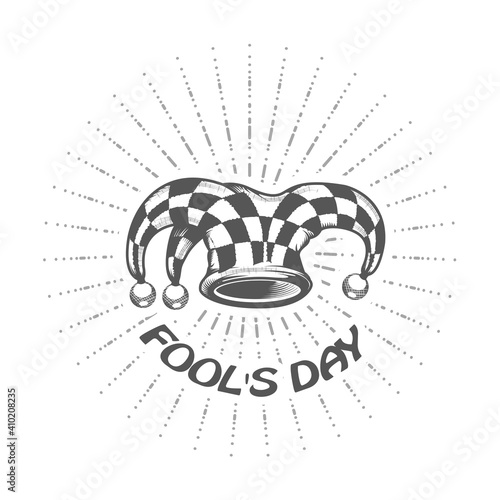 Fools day poster, jester or joker checked hat with bells, harlequin headwear, vector