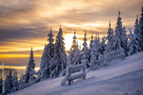 Beautiful Winter sunrise above the clouds. Trees covered in snow. Mist in a valley. Lysa Hora in winter Czech Republic.  © LP Productions