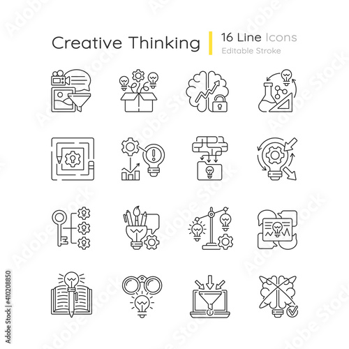 Creative thinking linear icons set. Idea prioritization. Thinking outside the box. Analyzing information. Customizable thin line contour symbols. Isolated vector outline illustrations. Editable stroke