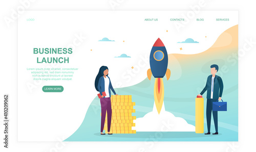 Two business people launches rocket into the sky. Concept of business growth. Business or IT startup. Website, web page, landing page template. Flat cartoon vector illustration