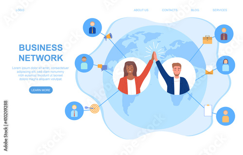 People with hi five on the map connecting all people around the world. People work together from anyplace on Earth. Website, web page, landing page template. Flat cartoon vector illustration